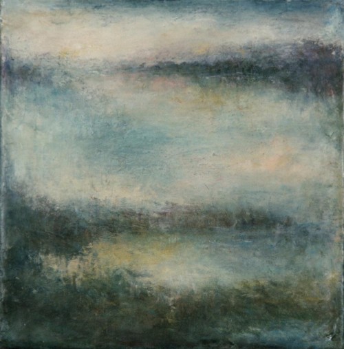 Blue Lake Series, #3, oil, wax, on wood, 4 in x 4 in