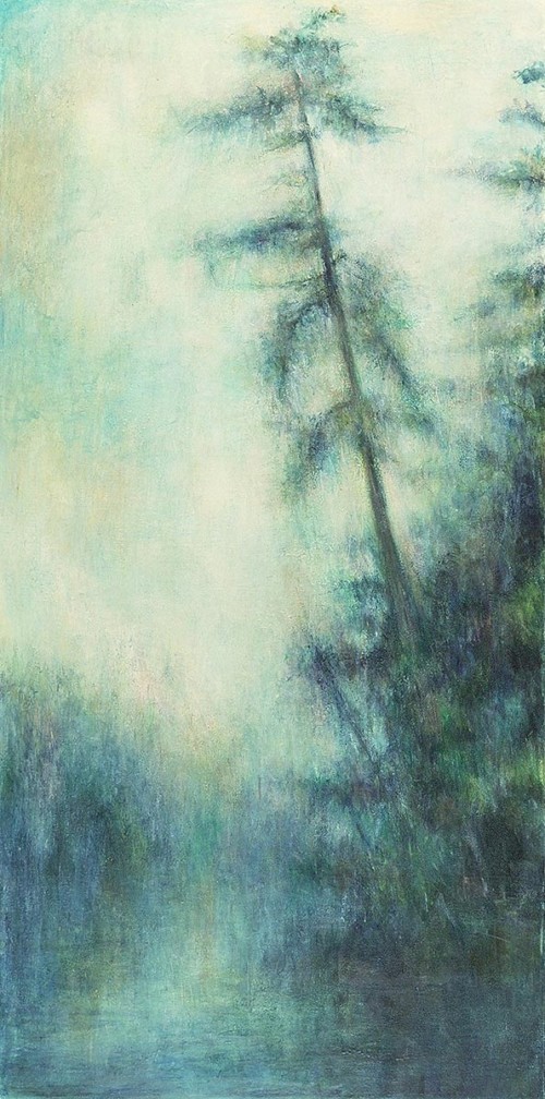Blueforest, Lakeside, oil, wax, on canvas, 40 in x 18 in