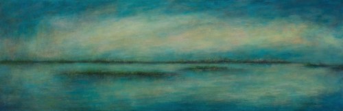 Dusk Over Grass Islands, Ontario #1, oil, wax, on wood, 20 in x 60 in