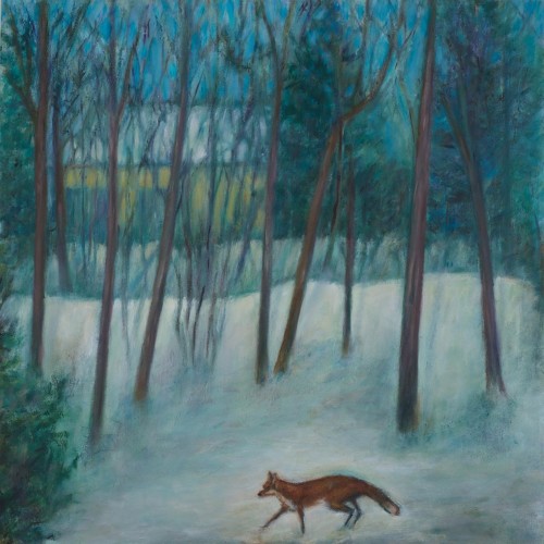 Fox Along The Ravine, oil, wax, on canvas, 24 in x 24 in