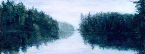 Gatineau Lakeside, Early Morning, oil, wax, on wood, 15 in x 38 in
