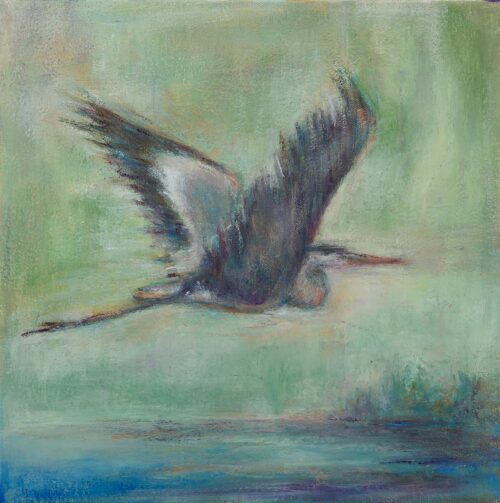 Heron Over Water, oil, wax, on canvas, 12 in x 12 in,