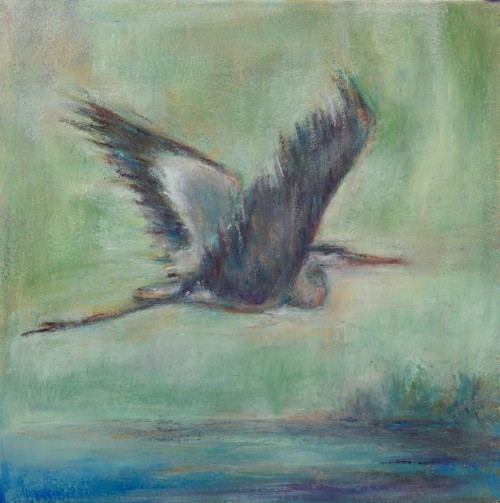 Heron in Motion, oil, wax, on canvas, 12 in x 12 in,