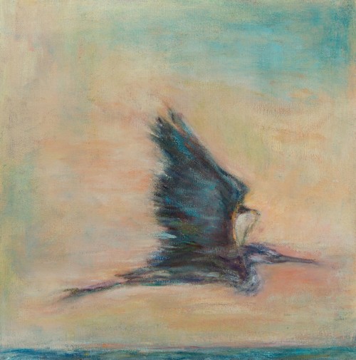 Heron Skimming Water, oil, wax, on canvas, 12 in x 12 in