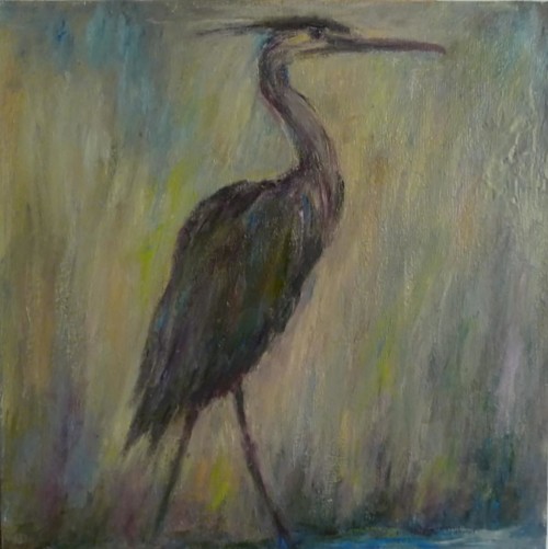 Heron Waiting, oil, wax, on canvas, 10 in x 10 in