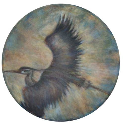 Heron's Journey, 2, oil, wax, on canvas, 36 in diameter