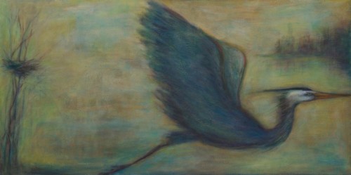 Heron's Journey, oil, wax, on wood, 24 in x 48 in