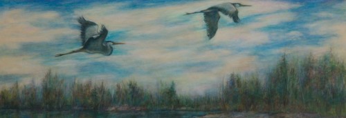 Herons Over the Landscape, oil, wax, on canvas, 24 in x 69 in