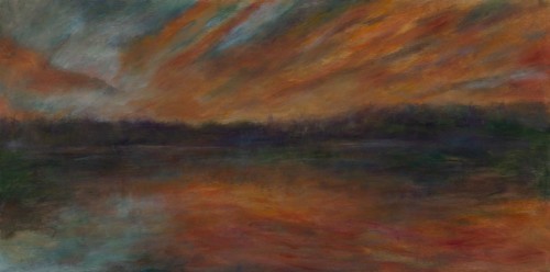 Lake, Fall Sunset, oil on wood, 18 in x 40 in, 2021