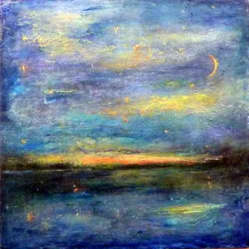 Lake Night #1, oil, wax, on canvas, 12 in x 12 in