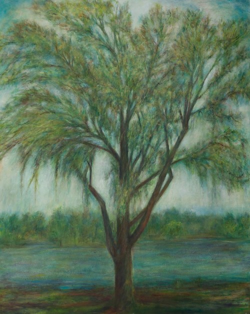 Willow On The Canal, oil, wax, on canvas on wood, 60 in x 48 in