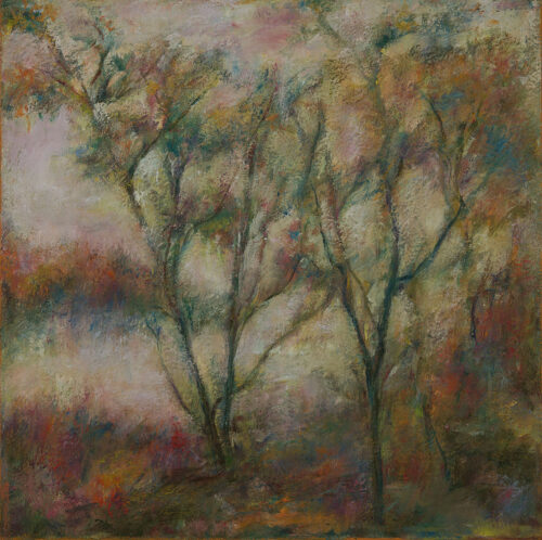 Fall View, oil, wax on wood, 16 in x 16, 2022